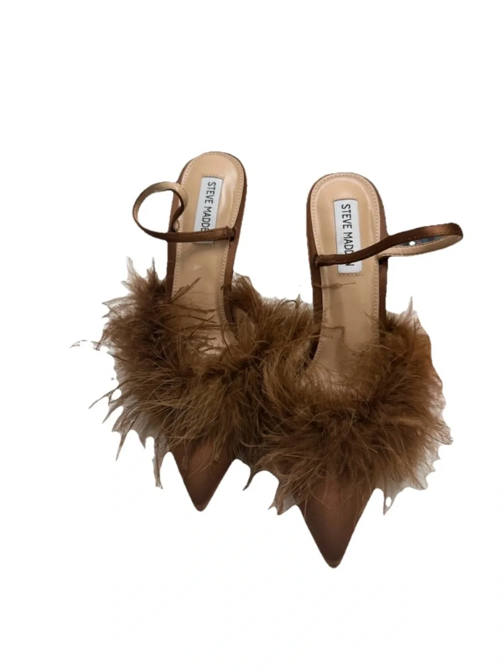 Steve Madden cocktail Satin Pumps and Feather Toe SlingBack Brown Heels Size 9
